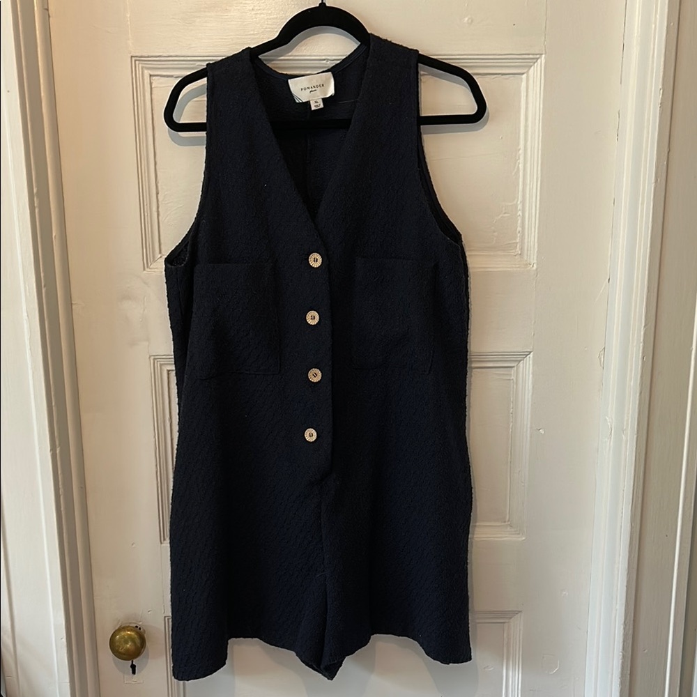 Tuckernuck Pomander Place Myla Navy Romper with gold buttons